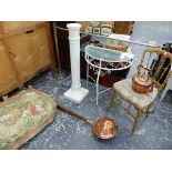 A BRUSSELS TAPESTRY PANEL, COPPER KETTLE, WARMING PAN, TWO STANDS AND A GILT SIDE CHAIR.