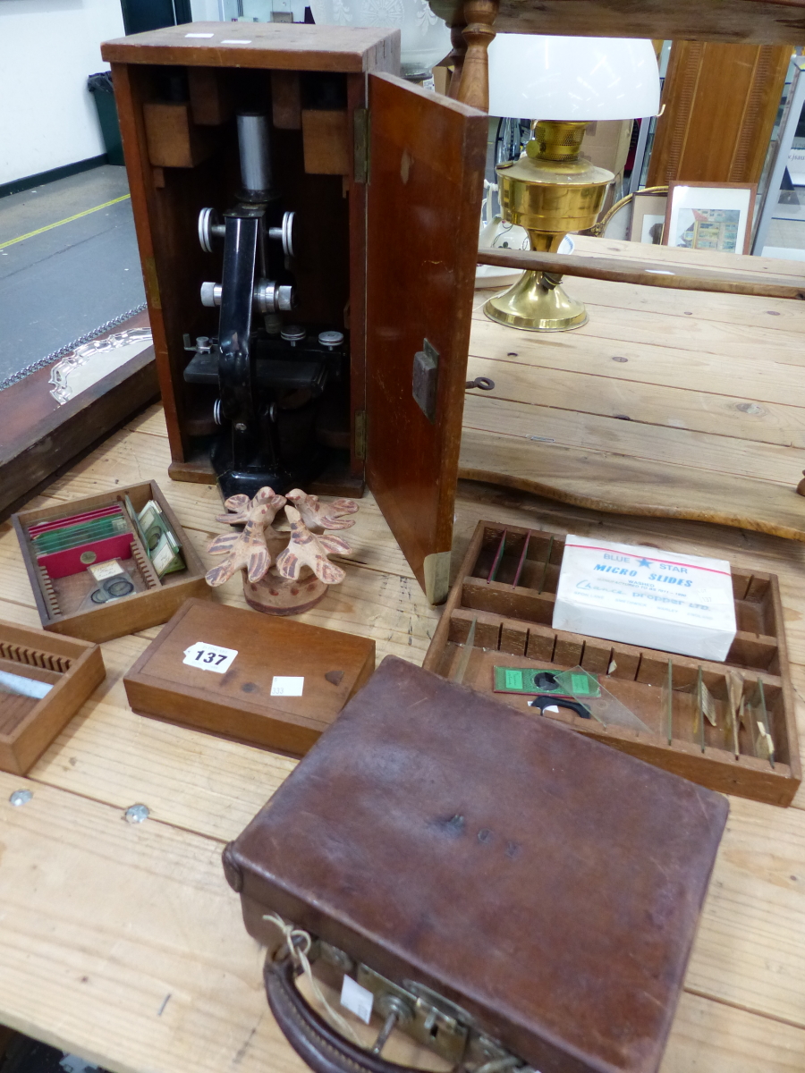 A BAUSCH AND LOMB MICROSCOPE IN MAHOGANY CASE, A SMALL COLLECTION OF MICROSCOPE SLIDES, A WALL SHELF - Image 6 of 6