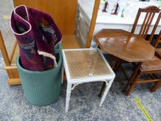 TWO OCCASIONAL TABLES, A CHINESE RUG AND A LLOYD LOOM LINEN BOX.