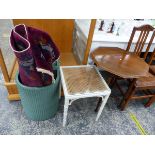 TWO OCCASIONAL TABLES, A CHINESE RUG AND A LLOYD LOOM LINEN BOX.