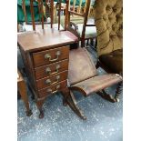 A SMALL FOUR DRAWER CHEST, A GOUT STOOL AND ANOTHER STOOL.