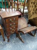 A SMALL FOUR DRAWER CHEST, A GOUT STOOL AND ANOTHER STOOL.