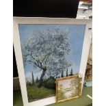 OIL PAINTING TREE IN BLOSSOM, SIGNED PATRICIA HISTWICK? 1976 AND ANOTHER SMALL OIL PAINTING.