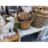 VARIOUS BASKETS, A HOUSEMAIDS BOX, AND A CAST IRON DOOR STOP.