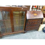 A MAHOGANY INLAID SMALL BUREAU AND A SIDE CABINET.