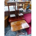 A VICTORIAN MAHOGANY OCCASIONAL TABLE, A PAIR OF THREE TIER TABLES AND A MODERN SIDE TABLE.