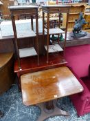 A VICTORIAN MAHOGANY OCCASIONAL TABLE, A PAIR OF THREE TIER TABLES AND A MODERN SIDE TABLE.