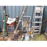 ELECTRIC FENCE AND TWO ALLOY STEP LADDERS, THREE BUNDLES OF TOOLS ETC.