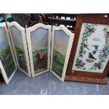 A HAND PAINTED FOUR FOLD SCREEN, AND AN EMBROIDERED PANEL SCREEN.