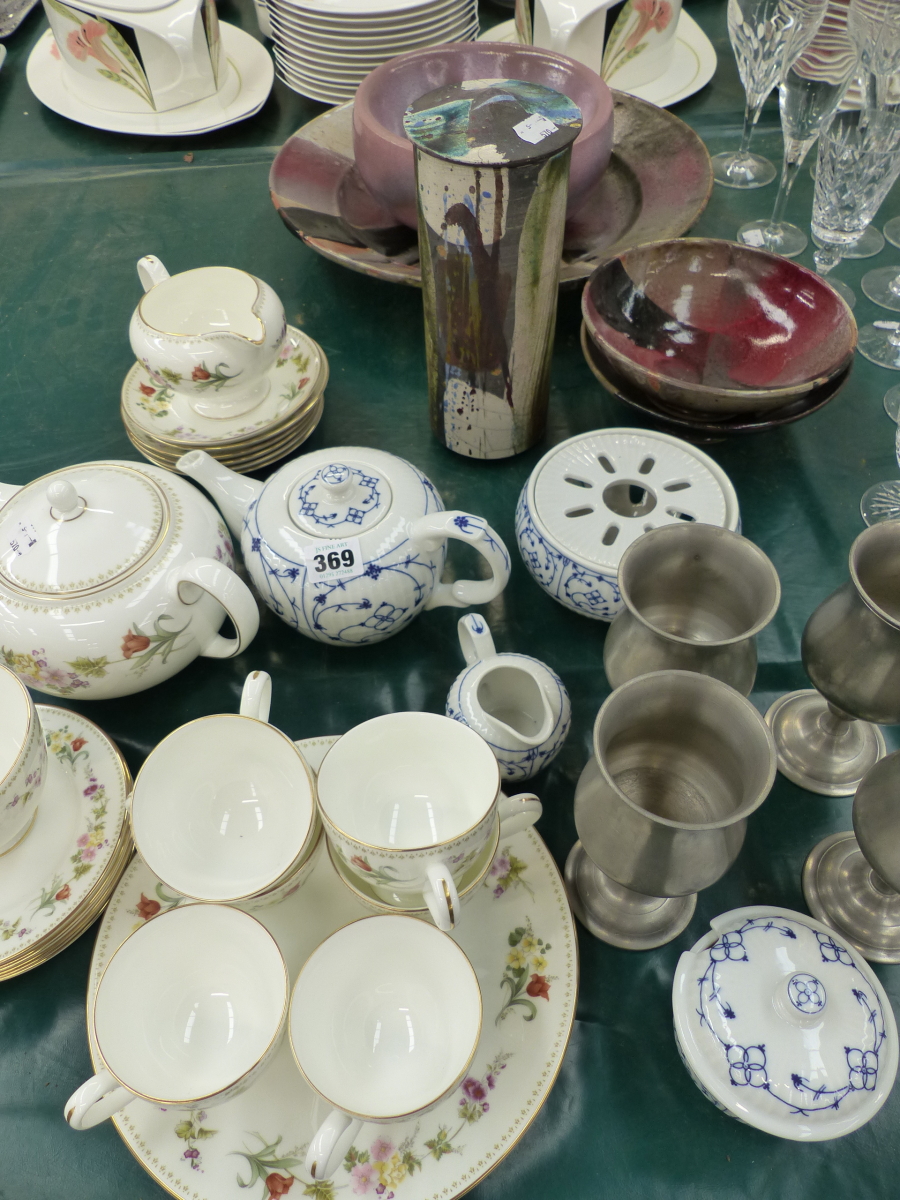 A WEDGWOOD TEA SERVICE, FOUR ART POTTERY BOWLS, PEWTER GOBLETS, ETC.