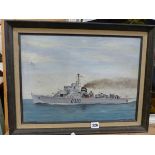AN OIL PAINTING OF A DANISH DESTROYER