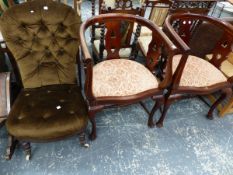 A PAIR OF EDWARDIAN TUB ARMCHAIRS AND A NURSING CHAIR.