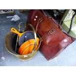 A GOOD QUALITY LEATHER HOLDALL, LE CREUSET PANS, AND A COAL BUCKET.