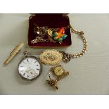 A 935 SILVER OPEN FACED POCKET WATCH, TOGETHER WITH VARIOUS COSTUME JEWELLERY.