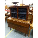 SMALL MAHOGANY WALL CABINET AND AN OAK DROP LEAF DINING TABLE.