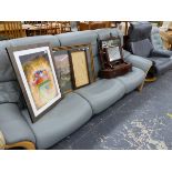 A GOOD QUALITY GREY LEATHER RECLINING THREE SEAT SOFA AND A SWIVEL ARM CHAIR.