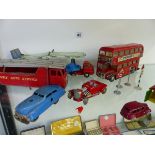 A SCHUCO CLOCK WORK HOT ROD, A TIN PLATE SCHUCO VARIANTO-LIMO, AND OTHER DIE CAST VEHICLES.