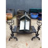 A VINTAGE STYLE STABLE LANTERN, A FIRE GRATE AND DOGS, ETC.