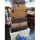 A PAINTED PINE BLANKET BOX AND VARIOUS LUGGAGE.