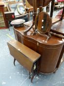 A MODERN SIDE CABINET, A SUTHERLAND TABLE, WARMING PAN, SWING MIRROR, TORCHERE, AND A PIANO STOOL.