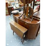 A MODERN SIDE CABINET, A SUTHERLAND TABLE, WARMING PAN, SWING MIRROR, TORCHERE, AND A PIANO STOOL.