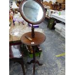 EDWARDIAN WALL SHELF AND A LATE VICTORIAN SHAVING STAND.