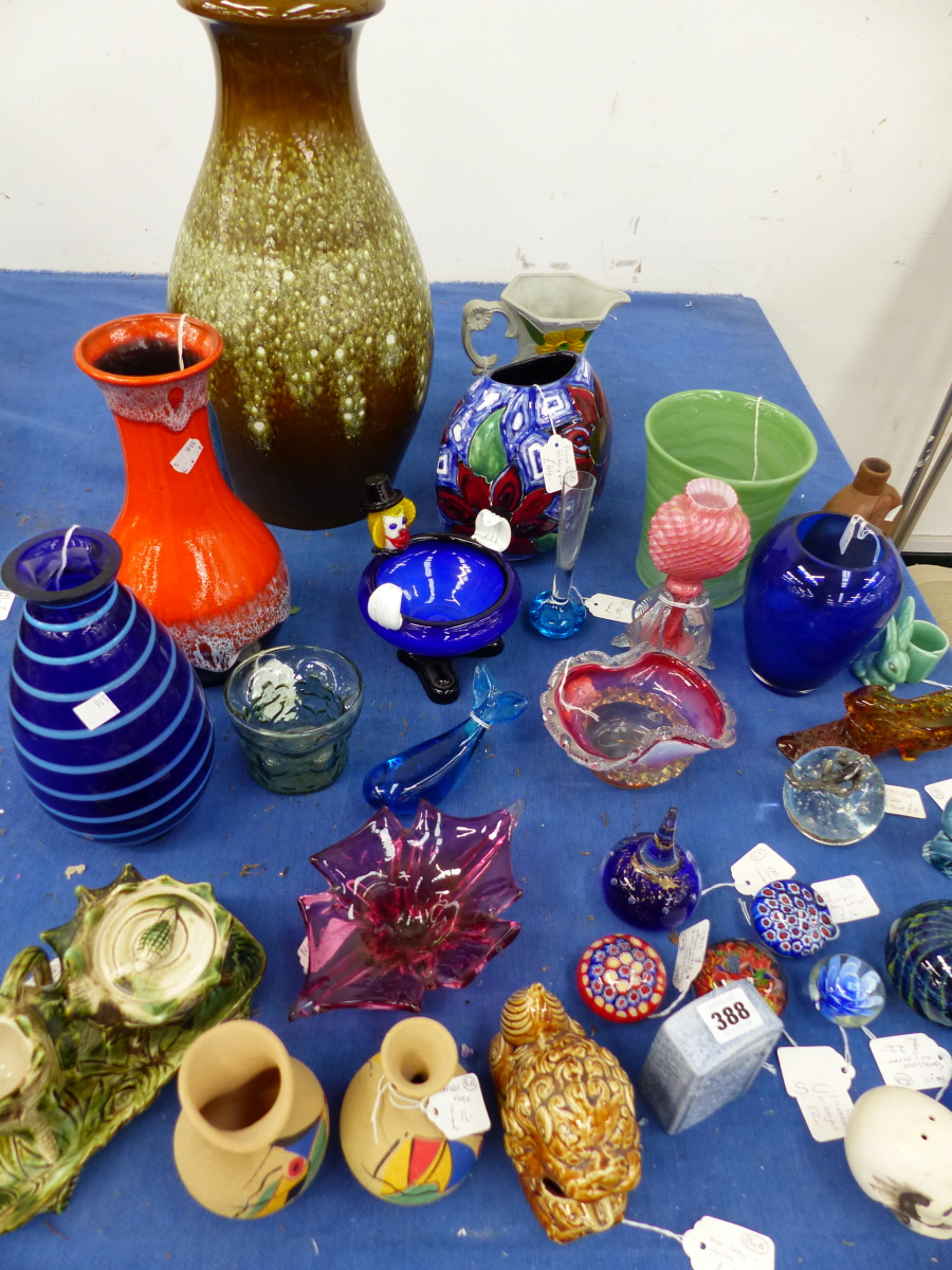 A QUANTITY OF ART GLASS POTTERY ETC.