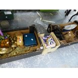 VINTAGE KITCHEN SCALES, AN ART DECO CLOCK, VARIOUS BRASS WARES, TILES ETC.