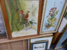 TWO PAINTINGS ON GLASS PANEL OF FLOWERS, TOGETHER WITH THREE OIL PAINTINGS.