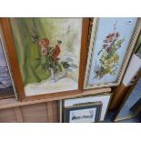 TWO PAINTINGS ON GLASS PANEL OF FLOWERS, TOGETHER WITH THREE OIL PAINTINGS.