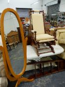 AN AMERICAN STYLE ROCKING CHAIR, A CHEVAL MIRROR, AND PINE STEPS.