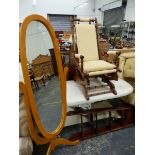 AN AMERICAN STYLE ROCKING CHAIR, A CHEVAL MIRROR, AND PINE STEPS.