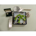 A SILVER BACKED BRUSH AND MIRROR, A TESSA TYLDESLEY DESIGNER NECKLACE, COSTUME NECKLACE ETC.