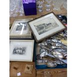 A QUANTITY OF SILVER PLATED CUTLERY, ENGRAVINGS AND PRINTS ETC.