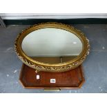 AN OAK TEA TRAY AND A GILT FRAMED MIRROR.