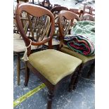 A SET OF FIVE VICTORIAN BALLOON BACK DINING CHAIRS.
