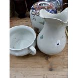 A JAPANESE JAR, A ADAMS & SON WASH JUG, AND A CHAMBER POT.