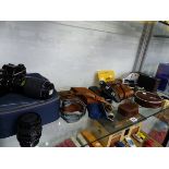 A PRAKTICA SLR CAMERA, VARIOUS FOLDING POCKET CAMERAS, A PAIR OF OPERA GLASSES ETC.