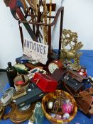 A VINTAGE STICK STAND AND WALKING STICKS, A QUANTITY OF ORNAMENTAL ITEMS INC. DOULTON TOBY JUG,