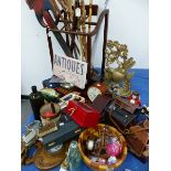 A VINTAGE STICK STAND AND WALKING STICKS, A QUANTITY OF ORNAMENTAL ITEMS INC. DOULTON TOBY JUG,