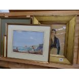 VICTORIAN WATERCOLOUR PORTRAIT OF A DANDY GENTLEMAN, AND TWO WATERCOLOUR COASTAL SCENES, A FARM