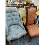 TWO VICTORIAN LADIES CHAIRS, AND A LATER TUB ARMCHAIR.