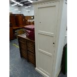 A PAINTED TALL CABINET AND AN ANTIQUE MULTI DRAWER COLLECTORS CHEST.