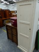 A PAINTED TALL CABINET AND AN ANTIQUE MULTI DRAWER COLLECTORS CHEST.