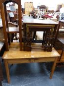 A VICTORIAN PINE LOW SIDE TABLE, A NEST OF TABLES AND A PLANT STAND.