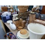 A QUANTITY OF DRESSING TABLE JARS, BASKETS, VASES ETC.