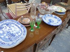 A LARGE CUT GLASS WASH BOWL A BLUE AND WHITE TRANSFER WARE STRAINER, THREE WILLOW PATTERN MEAT