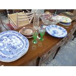 A LARGE CUT GLASS WASH BOWL A BLUE AND WHITE TRANSFER WARE STRAINER, THREE WILLOW PATTERN MEAT