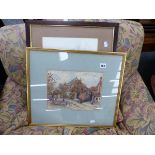 ANTIQUE WATERCOLOUR SIGNED INDISTINCTLY AND A SIGNED ARTIST PROOF, THE RED BARN.
