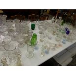 A LARGE COLLECTION OF VICTORIAN AND LATER PRESSED AND CUT GLASS VASES, SALTS, BOWLS ETC.